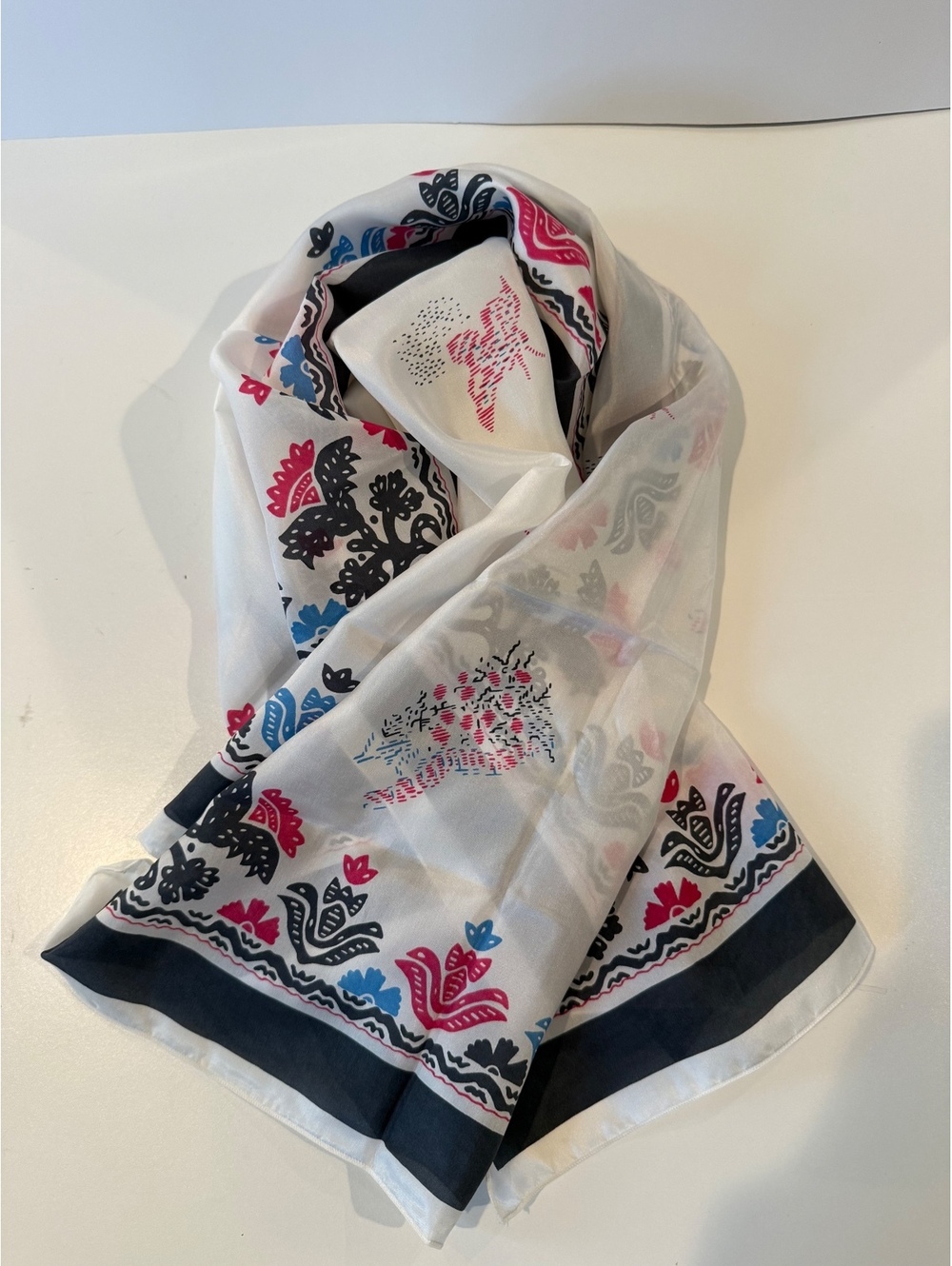 Vintage European Style Satin Scarf Folk Art Birds Floral Print 36โ Square